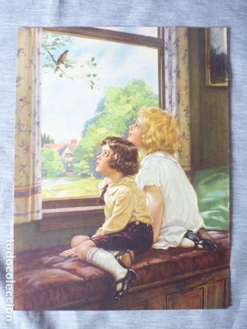 Collectionnisme: NI&Ntilde;OS CON PAJARO LAMINA CROMOLITOGRAFICA A&Ntilde;OS 30 PARA PUBLICIDAD 24 X 17 CM