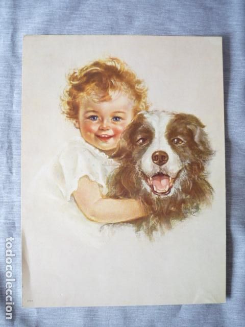Coleccionismo: NI&Ntilde;A CON PERRO LAMINA CROMOLITOGRAFICA A&Ntilde;OS 30 PARA PUBLICIDAD 19 X 25 CM