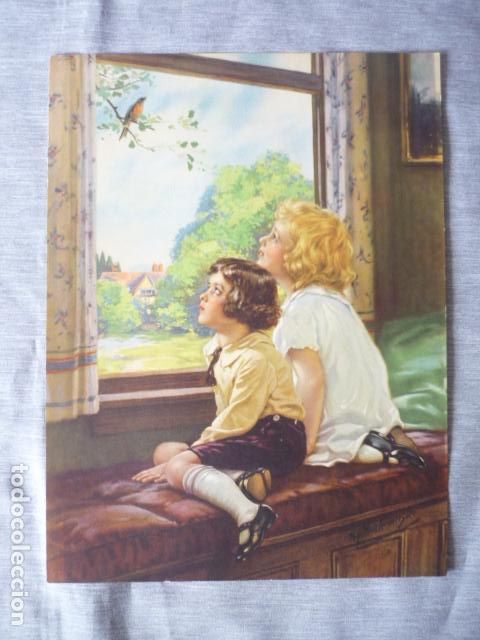 Collectionnisme: NI&Ntilde;OS CON PAJARO LAMINA CROMOLITOGRAFICA A&Ntilde;OS 30 PARA PUBLICIDAD 19 X 25 CM