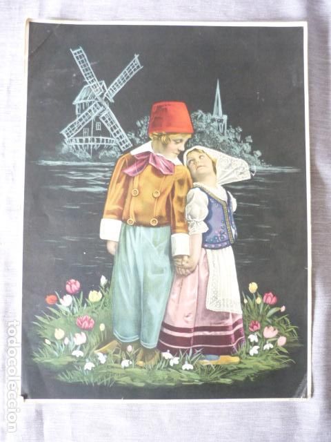 Collectionnisme: NI&Ntilde;OS HOLANDESES CON MOLINOS LAMINA CROMOLITOGRAFICA A&Ntilde;OS 30 PARA PUBLICIDAD 31 X 23 CM