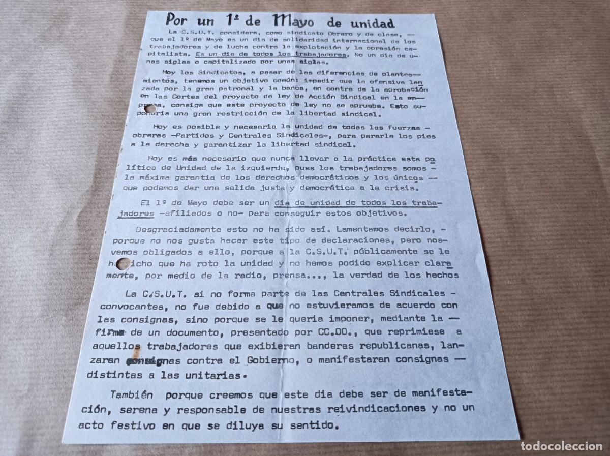 Coleccionismo: DOCUMENTO 1&ordm; DE MAYO CSUT CONFEDERACI&Oacute;N DE SINDICATOS UNITARIOS DE TRABAJADORES - &Eacute;POCA TRANSICI&Oacute;N