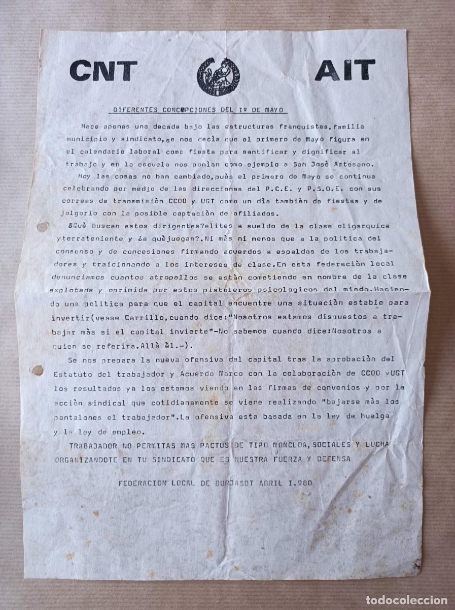 Coleccionismo: DOCUMENTO 1&ordm; DE MAYO CNT AIT - &Eacute;POCA TRANSICI&Oacute;N