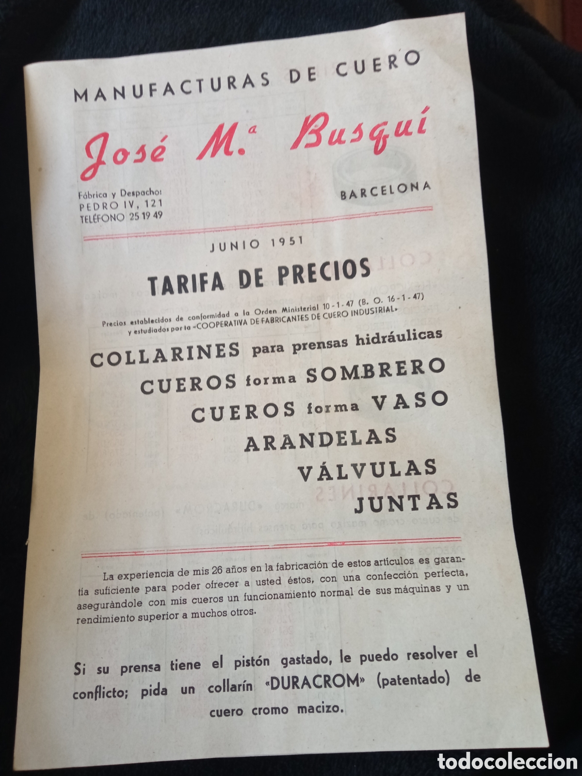 Sammelleidenschaft Papier: Tarifa de Precios de 1951,Manufacturas De Cuero Jos&eacute; Maria Busqui, Barcelona