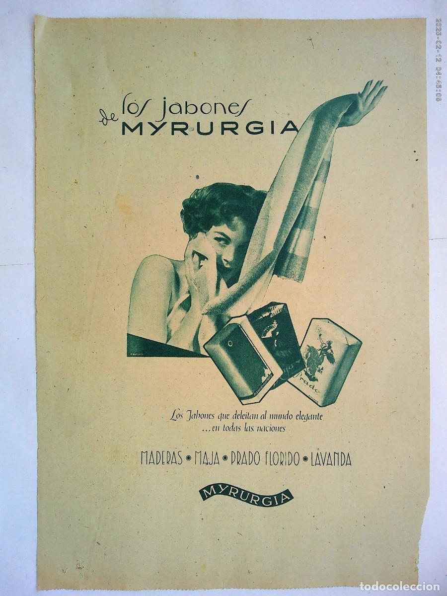 Coleccionismo: HOJA DE PERIODICO CON ANUNCIO PUBLICITARIO DE JABONES MYRURGIA . A&Ntilde;OS 50