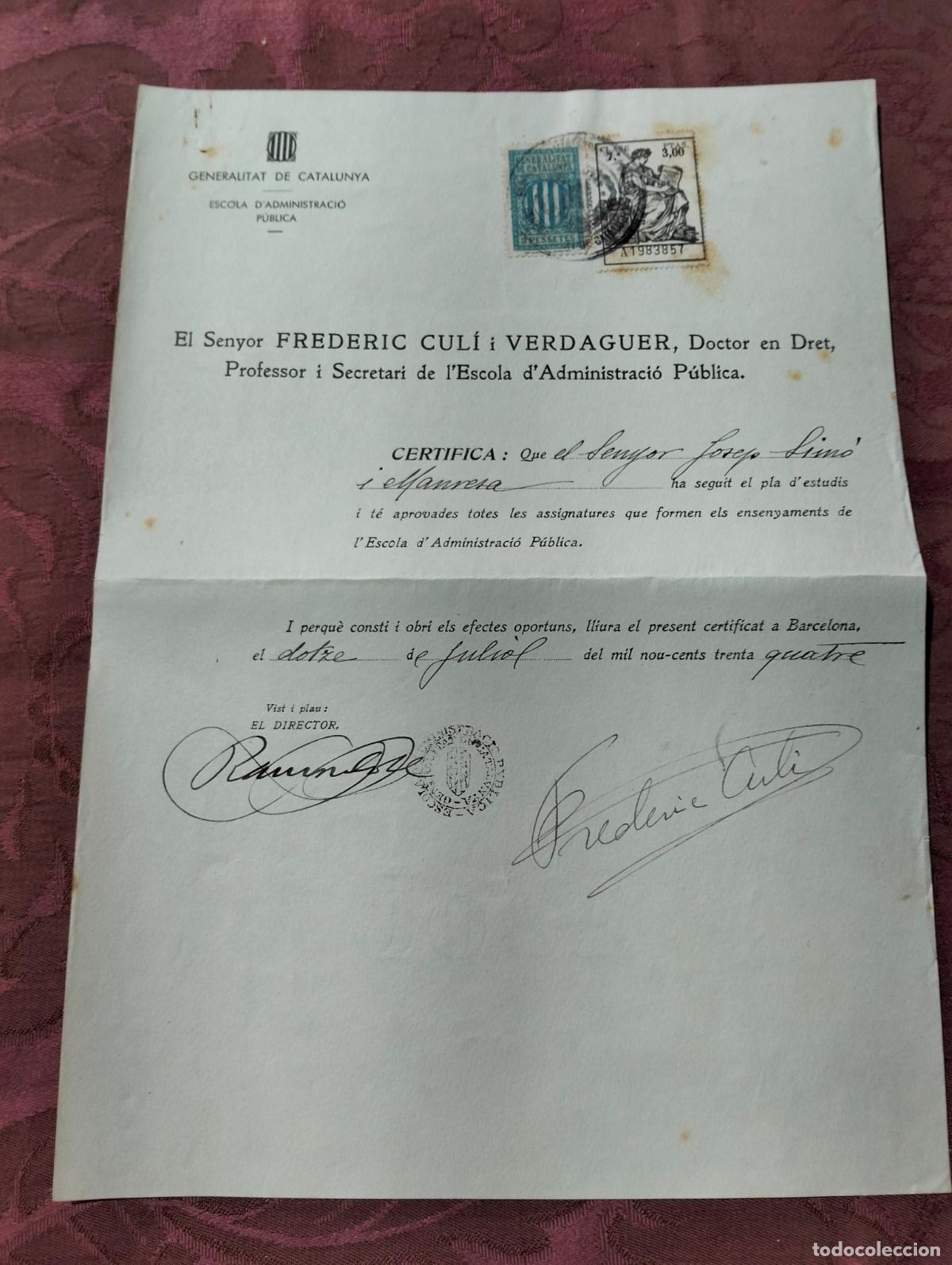 Collectionnisme: Generalitat de Catalunya escola d'administracio publica certificat d'estudis 1934