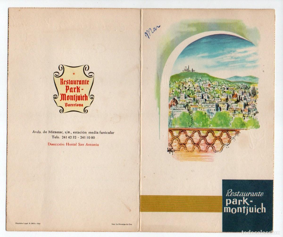 Coleccionismo: CARTA MENU 1&ordf; COMUNION Y TARJETA DEL RESTAURANTE PARK MONTJUICH, BARCELONA 1969.