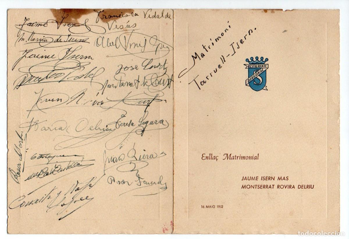 Coleccionismo: CARTA MENU ENLACE MATRIMONIAL. RESTAURANTE DIAGONAL 1952.
