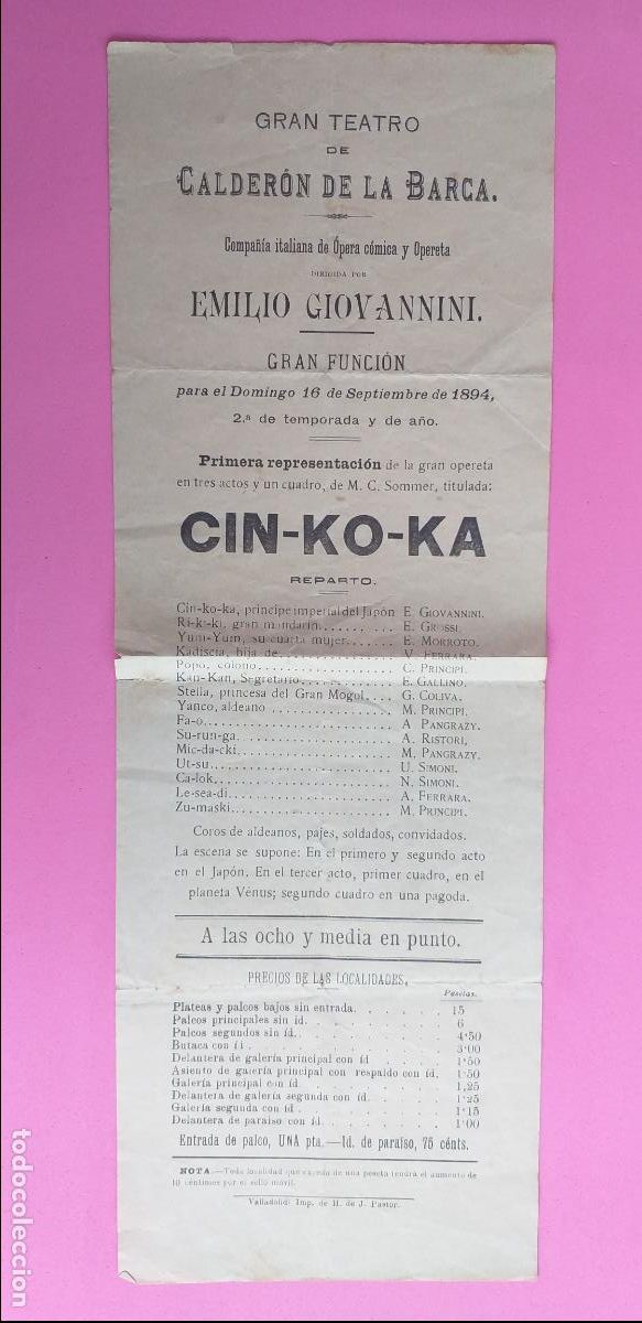 Coleccionismo: PROGRAMA DEL TEATRO CALDERON DE LA BARCA. A&ntilde;o 1894. Cin-ko-ka - Foto 1