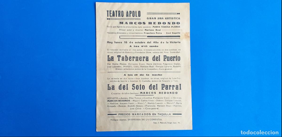 Coleccionismo: Programa. Teatro Apolo. Marcos Redondo. La tabernero del Puerto - Foto 1