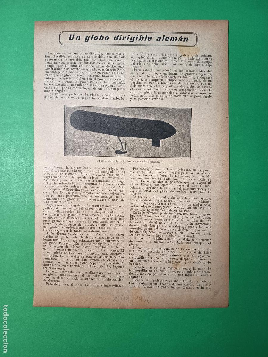 Coleccionismo: GLOBO DIRIGIBLE ALEM&Aacute;N DE PASERVAL - 25/11/1906 - Foto 1