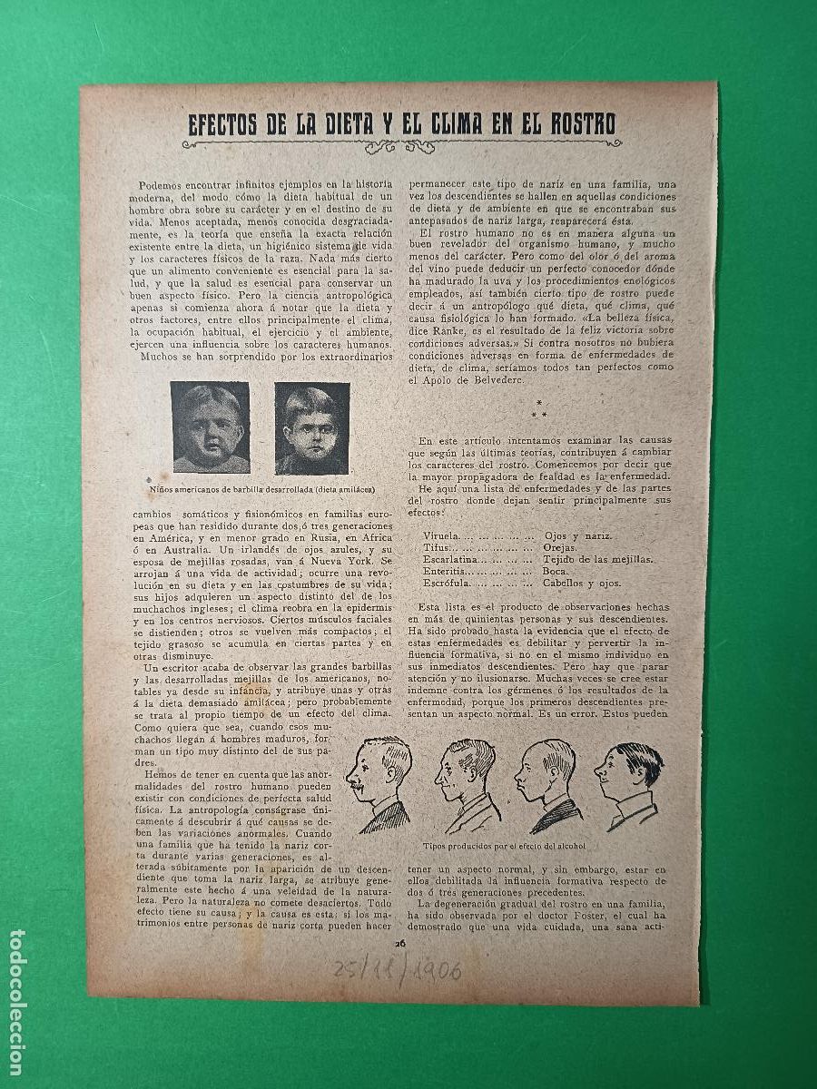 Coleccionismo: EFECTOS DE LA DIETA Y EL CLIMA EN EL ROSTRO - 25/11/1906 - Foto 1