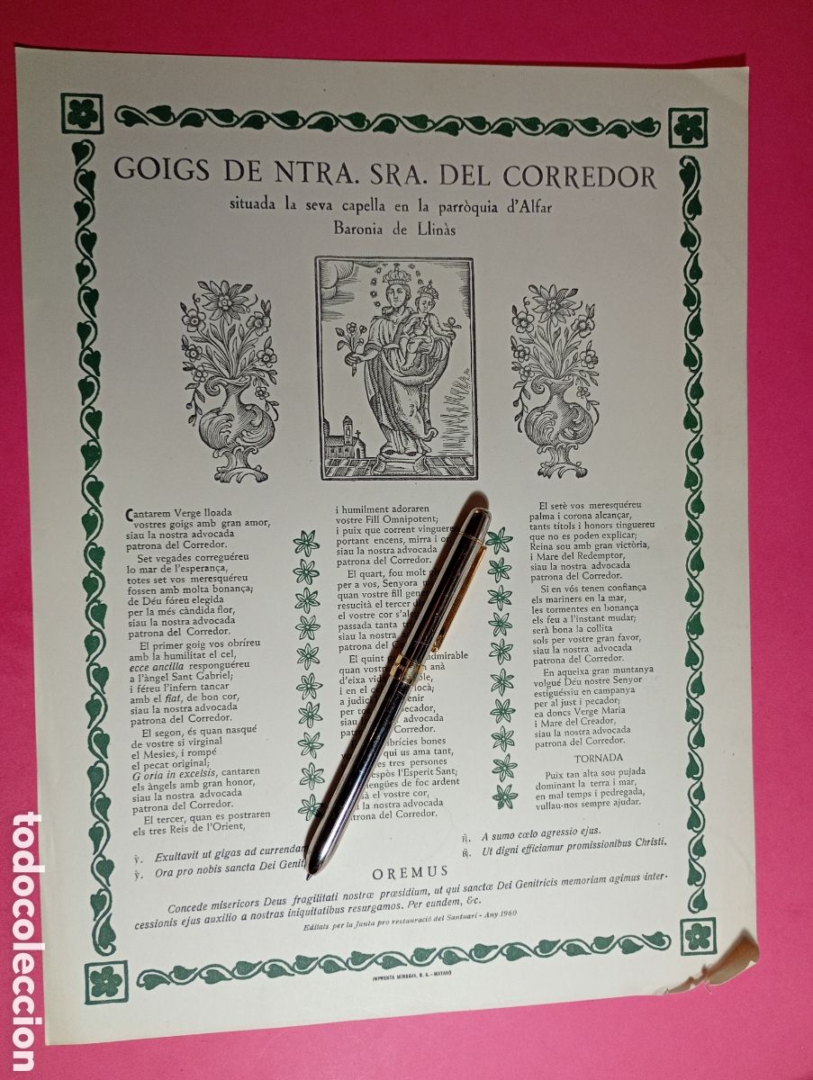 Coleccionismo: ALFAR BARONIA DE LLIN&Agrave;S GOIGS DE NTRA SRA. DEL CORREDOR - ANY 1960 PRO RESTAURACI&Oacute; SANTUARI