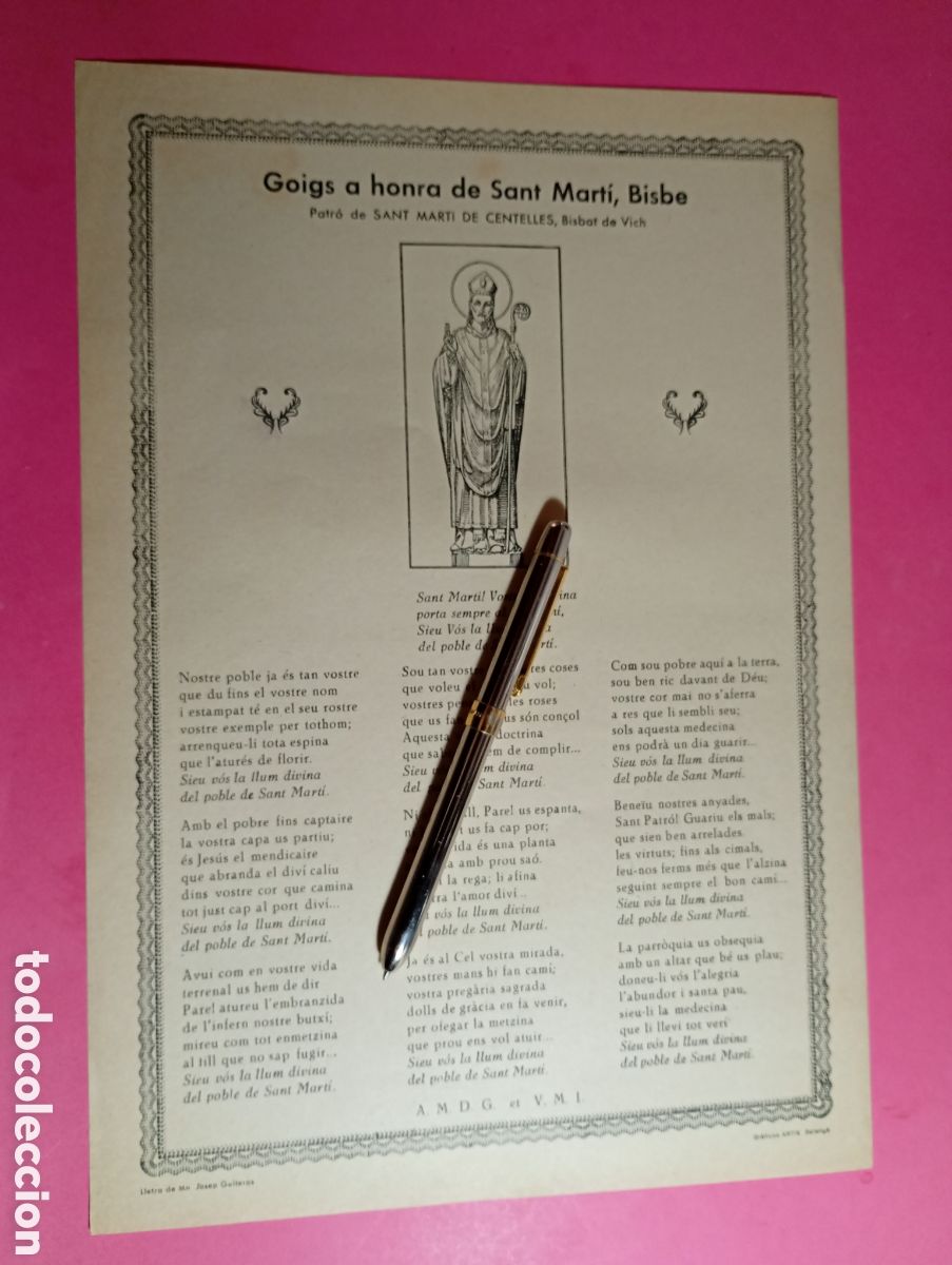 Coleccionismo: sant mart&iacute; d centelles bisbat vic goigs honra patr&oacute; sant mart&iacute; bisbe lletra mn. guiteras graf. artis