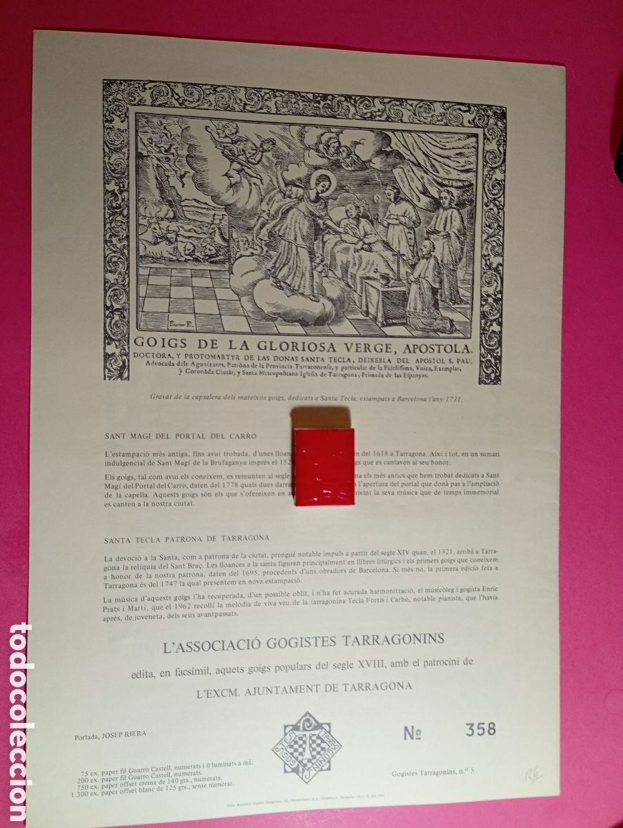 Colecionismo: goigs populars a lloan&ccedil;a santa tecla i sant mag&iacute; patrons de tarragona ed. facsimil 1981 n&uacute;mero 358