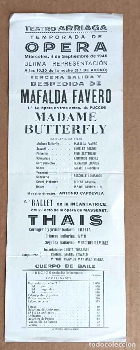Coleccionismo: Cartel TEATRO ARRIAGA 1946 - Temporada de &oacute;pera MAFALDA FAVERO