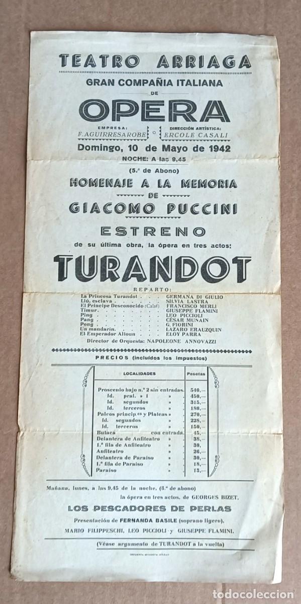 Coleccionismo: Cartel TEATRO ARRIAGA 1942 - Temporada de &oacute;pera TUTANDOT