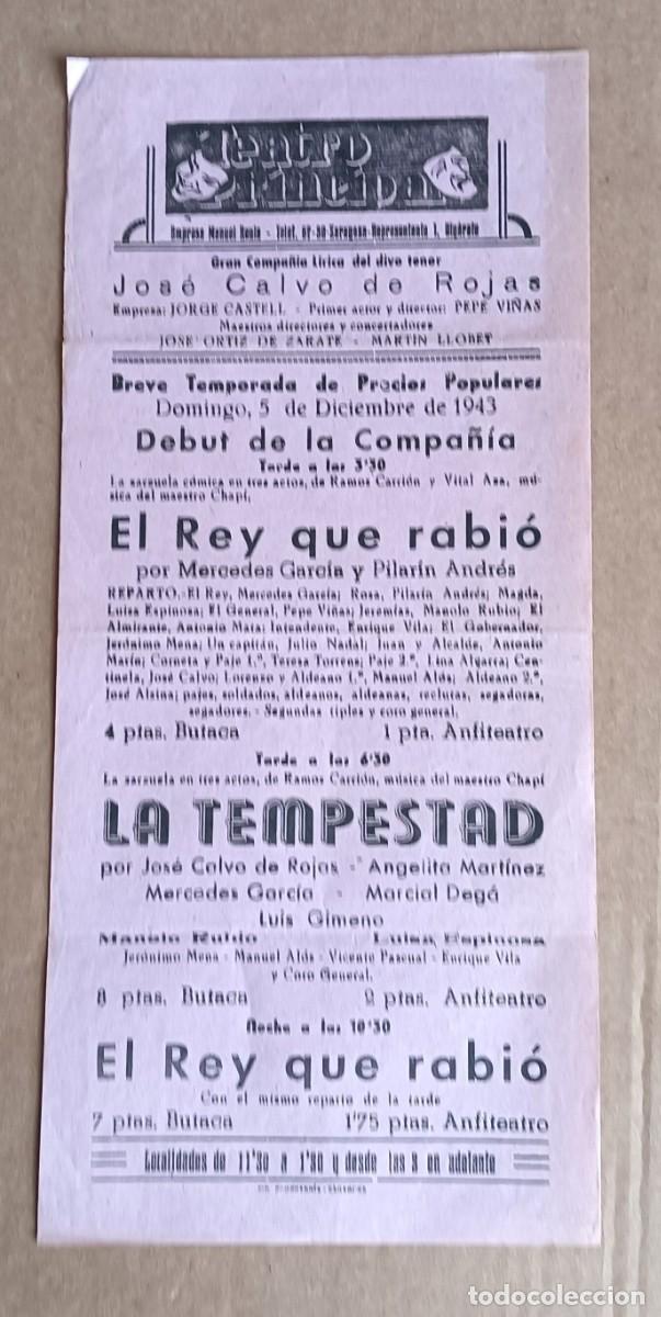 Collezionismo: Cartel TEATRO PRINCIPAL 1943 - Temporada de &oacute;pera - El rey que rabio - La tempestad