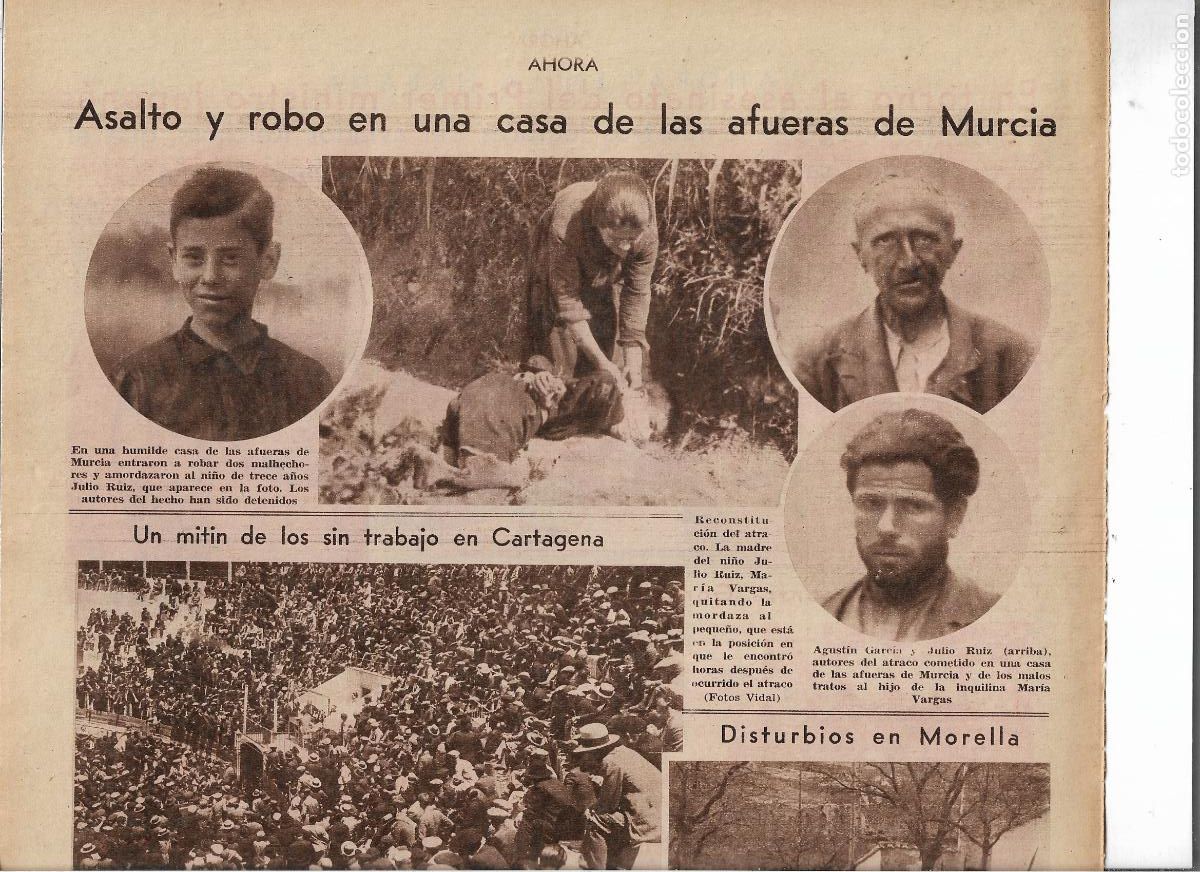Coleccionismo: A&Ntilde;O 1932 RECORTE PRENSA ATRACO ROBO EN UNA CASA AFUERAS DE MURCIA NI&Ntilde;O JULIO RUIZ AMORDAZADO