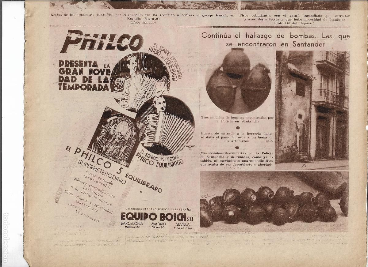 Coleccionismo: A&Ntilde;O 1932 RECORTE PRENSA HALLAZGO DE BOMBAS EN SANTANDER EN UNA HERRERIA ANARCOSINDICALISMO
