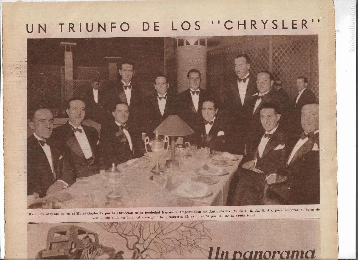 Coleccionismo: A&Ntilde;O 1932 RECORTE PRENSA BANQUETE SOCIEDAD ESPA&Ntilde;OLA IMPORTADORA AUTOMOVILES EXITO CHRYSLER COCHE