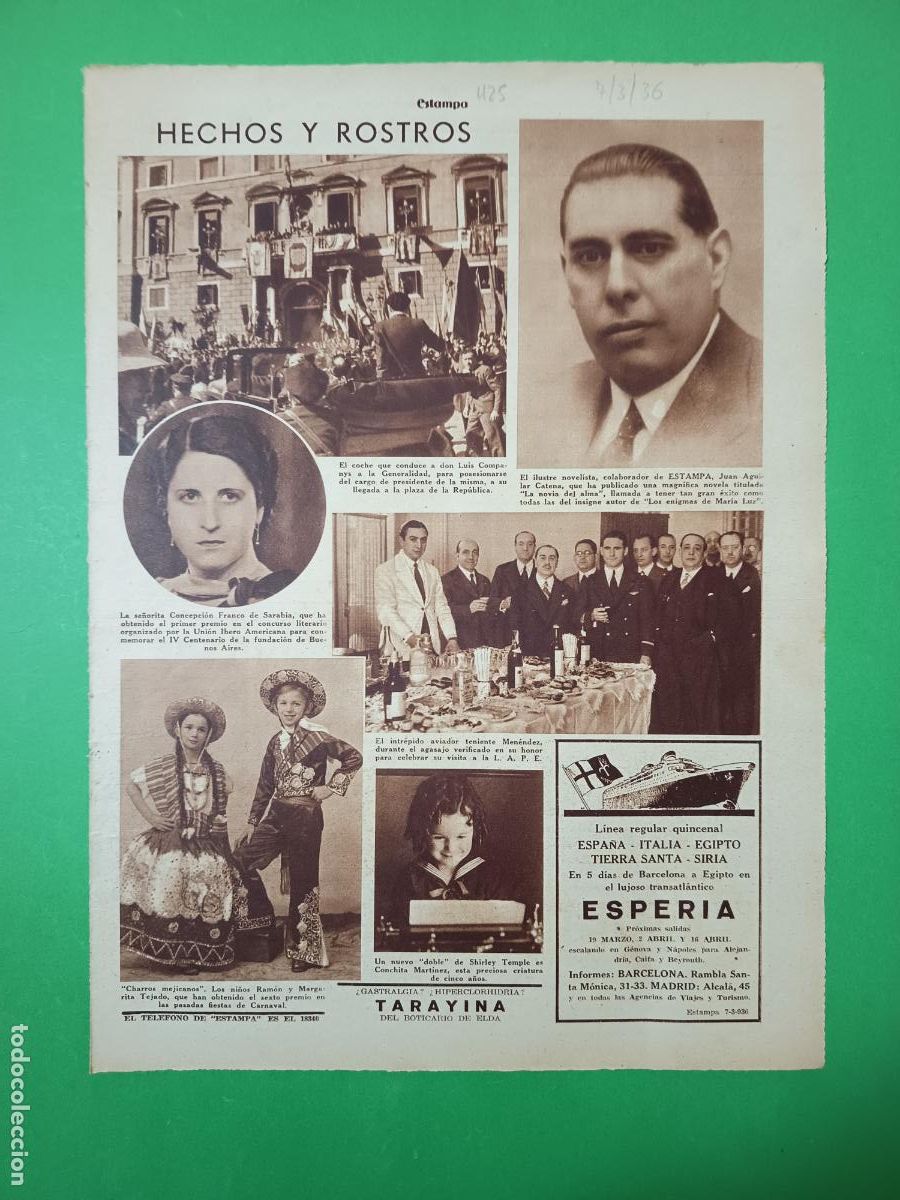 Coleccionismo: EL INTREPIDO AVIADOR TENIENTE MENENDEZ - LLUIS COMPANYS CAMINO DE LA PRESIDENCIA - 07/03/1936