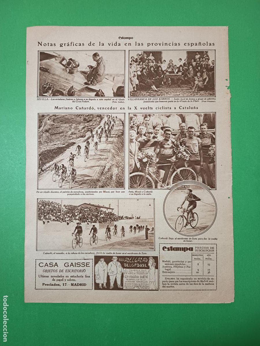 Coleccionismo: SEVILLA AVIADORES JIMENEZ E IGLESIAS - CA&Ntilde;ARD0 VENCEDOR X VOLTA CICLISTA A CATALUNYA 18/09/1928 -