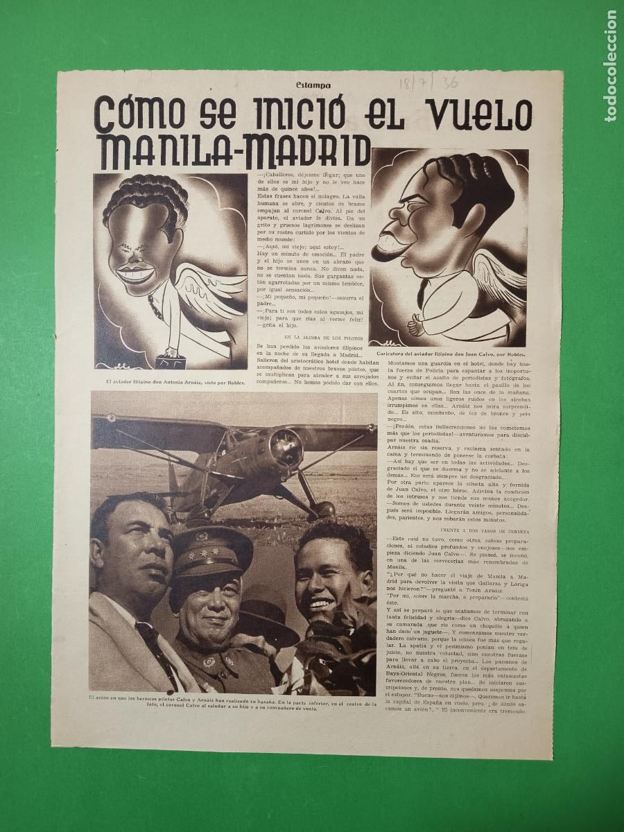 Coleccionismo: COMO SE INICIO EL VUELO MANILA MADRID AVIADORES CALVO Y ARNAIZ - NIVEA - 18/07/1936