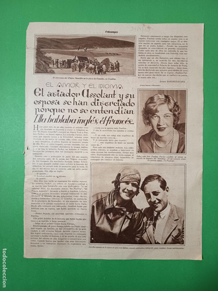 Coleccionismo: EL AVIADOR DEL PAJARO AMARILLO ASSOLANT SE DIVORCIA -AVION EN LA PLAYA DE OYAMBRE - 29/07/1930