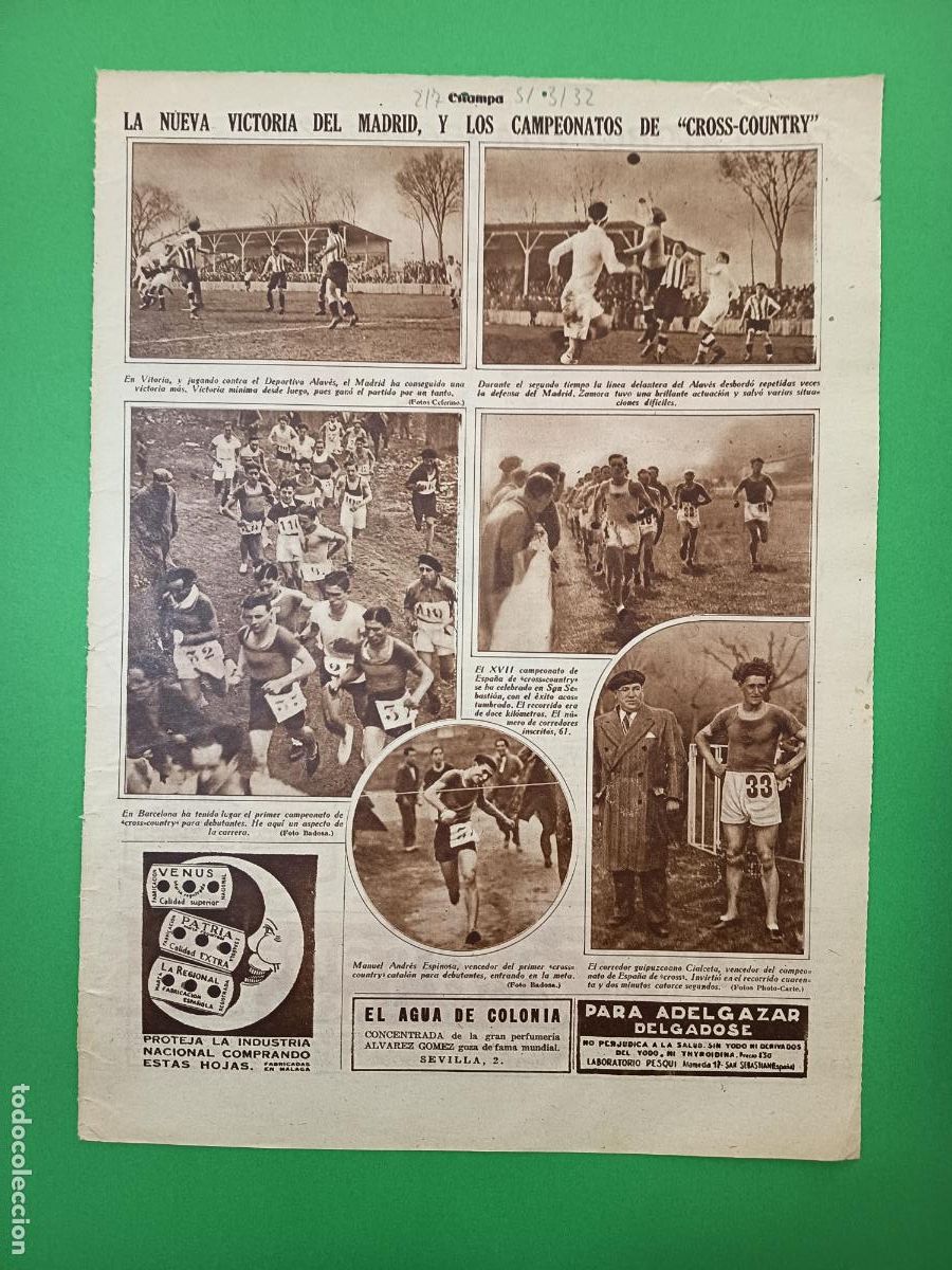 Coleccionismo: MADRID 1 ALAVES 0 - CAMPEINATOS DE ESPA&Ntilde;A DE CROSS - COUNTRY - ALELUYAS SEMANALES - 05/03/1932