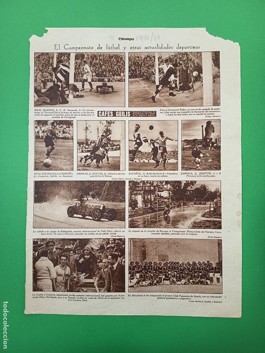 Coleccionismo: R. MADRID 6 C.D. NACIONAL 2 - SUBIADA A LA RABASSADA PE&Ntilde;A RHIN - MOTOCICLISMO VIZCAYA - 29/10/1929