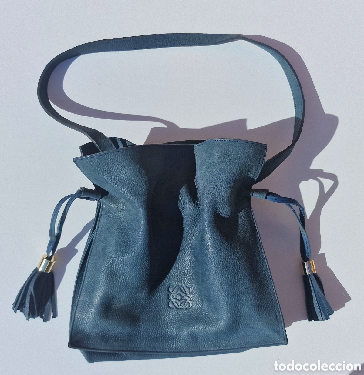 Colecionismo: Bolso Loewe Vintage Tote Bag 30&times;30 cm Azul Piel con Borlas