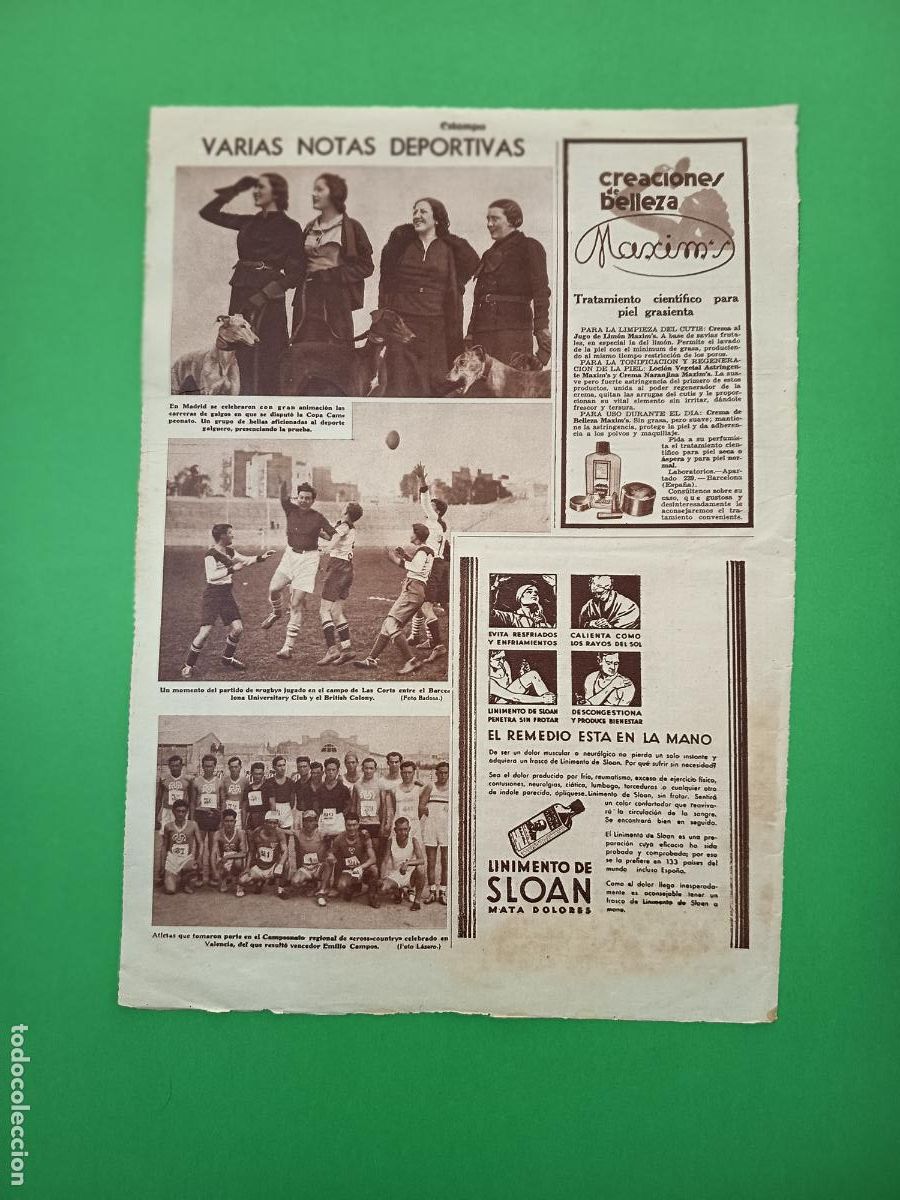 Coleccionismo: RUGBY EN LES CORTS BARCELONA - CROSS COUNTRY EN VALENCIA -GALGOS MADRID - 03/03/1934