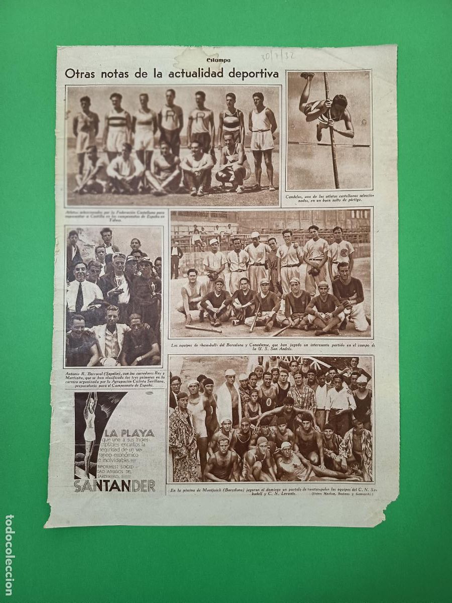 Coleccionismo: ATLETISMO TOLOSA - BASE - BALL BARCELONA CANADIENSE - WATER POLO - CICLISMO - 30/07/1932
