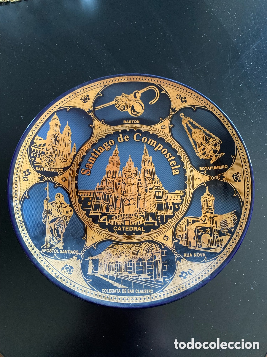 Sammeln: Plato porcelana Santiago de Compostela 25 cm oro 24K pared vintage