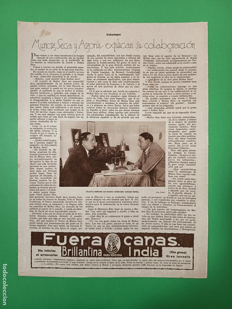 Coleccionismo: MU&Ntilde;OZ SECA Y AZOR&Iacute;N EXPLICAN SU COLABORACI&Oacute;N - JUAN BELMONTE - 1928