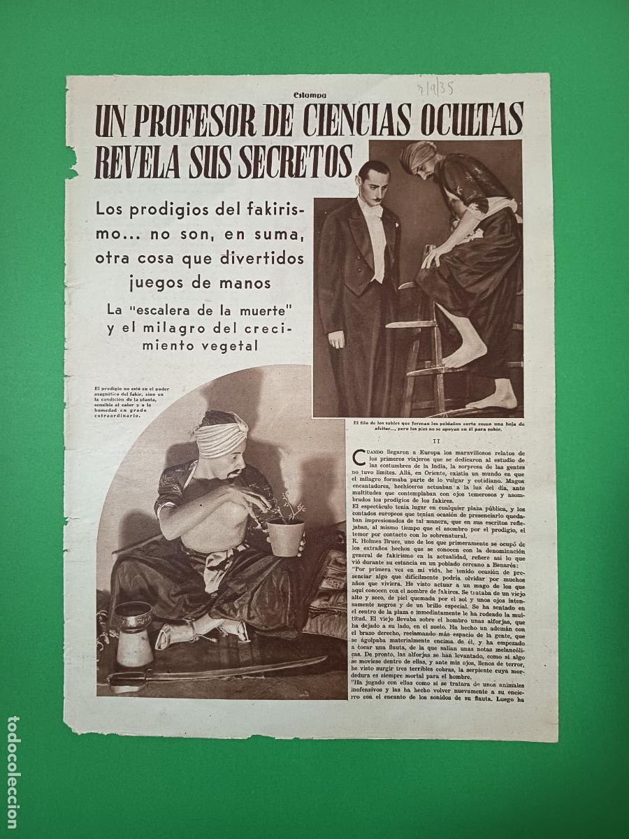 Coleccionismo: FAKIRISMO UN PROFESOR DE CIENCIAS OCULTAS REVELA SUS SECRETOS - 07/09/1935