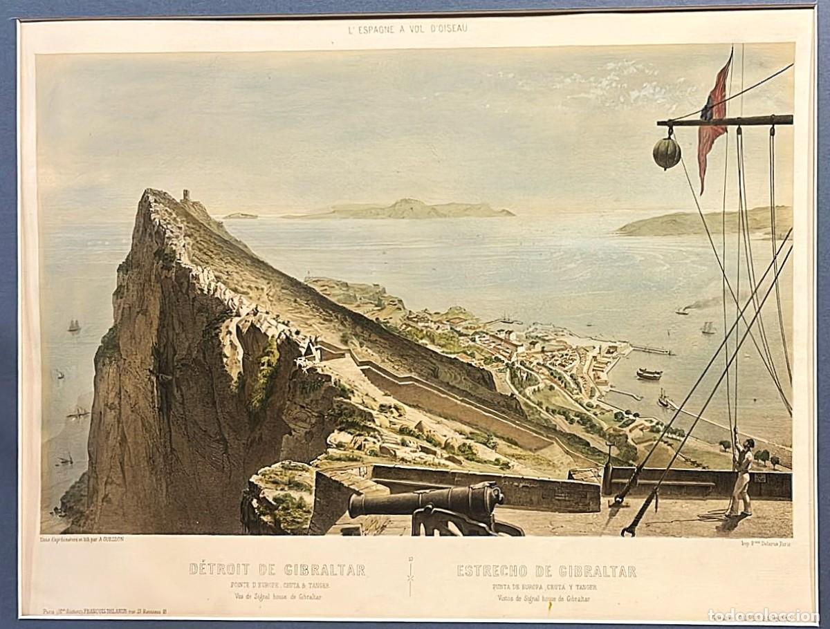Coleccionismo: Vista del Estrecho tomada desde Gibraltar. Litograf&iacute;a original.