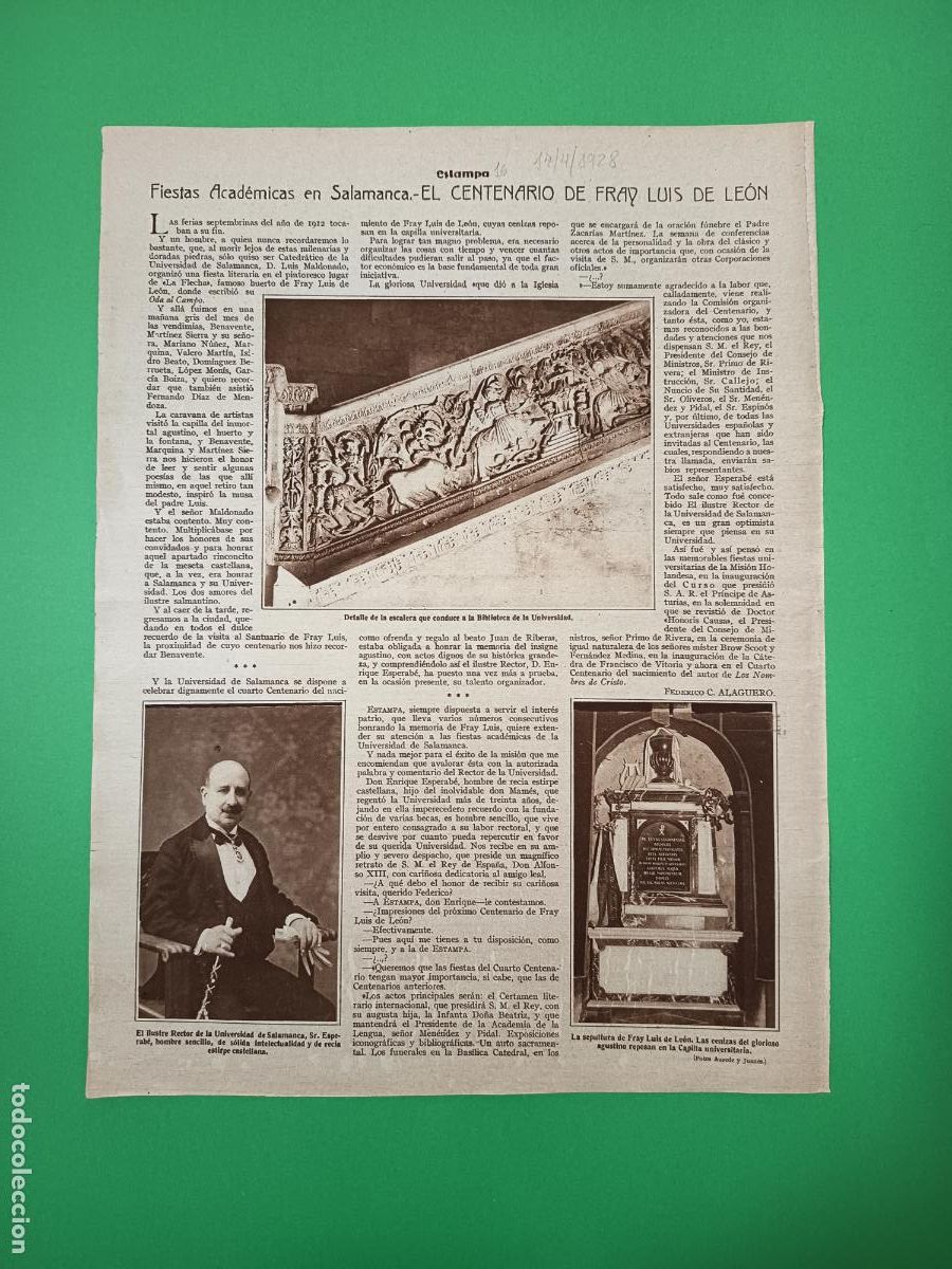 Coleccionismo: CENTENARIO DE FRAY LUIS DE LE&Oacute;N FIESTAS EN SALAMANCA - CANIBALES - 17/04/1928
