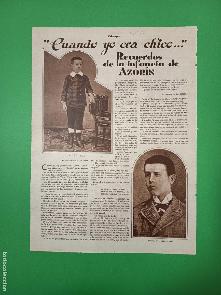Coleccionismo: RECUERDOS DE LA INFANCIA DE AZOR&Iacute;N - 10/10/1931