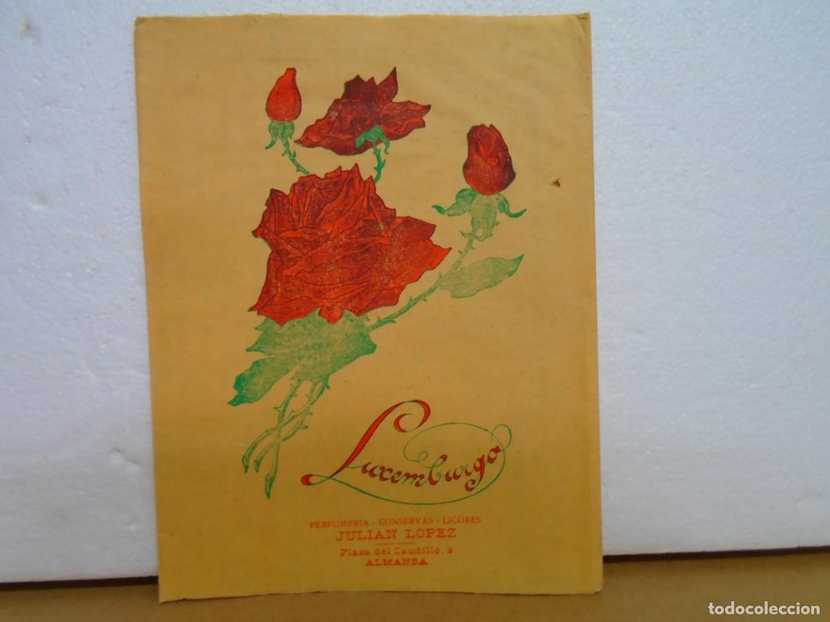 Coleccionismo: ALMANSA(ALBACETE)&rdquo;LUXEMBURGO&rdquo;PERFUMERIA-CONSERVAS-LICORES(JULIAN LOPEZ)SOBRE ANTIGUO.