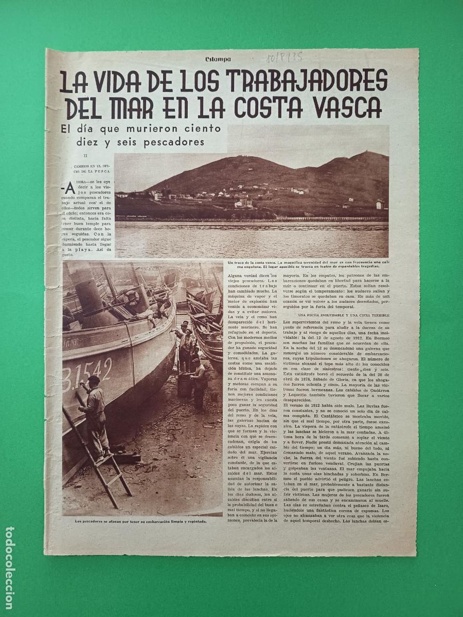 Coleccionismo: VIDA DE LOS TRABAJADORES DEL MAR EN LA COSTA VASCA - MUERTE DE 116 PESCADORES - 10/08/1935