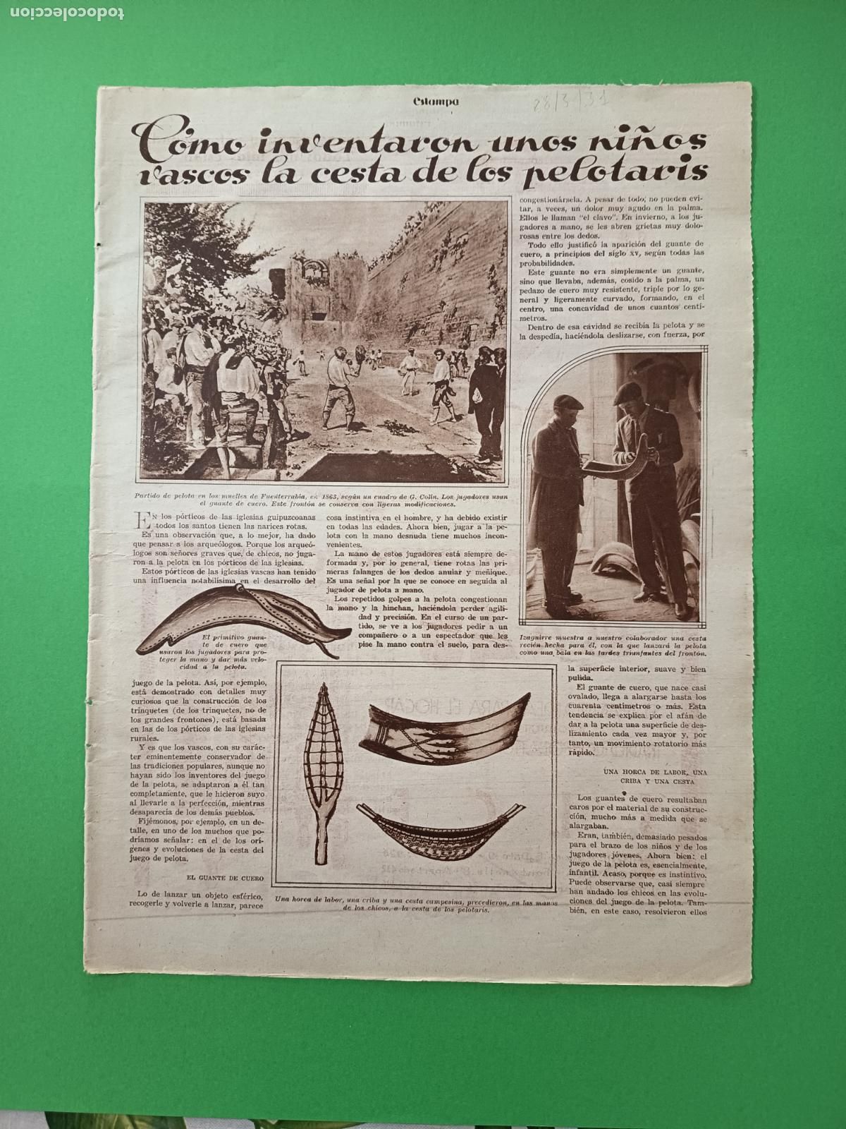 Coleccionismo: COMO INVENTARON UNOS NI&Ntilde;OS VASCOS LA CESTA DE LOS PELOTARIS - 28/03/1931