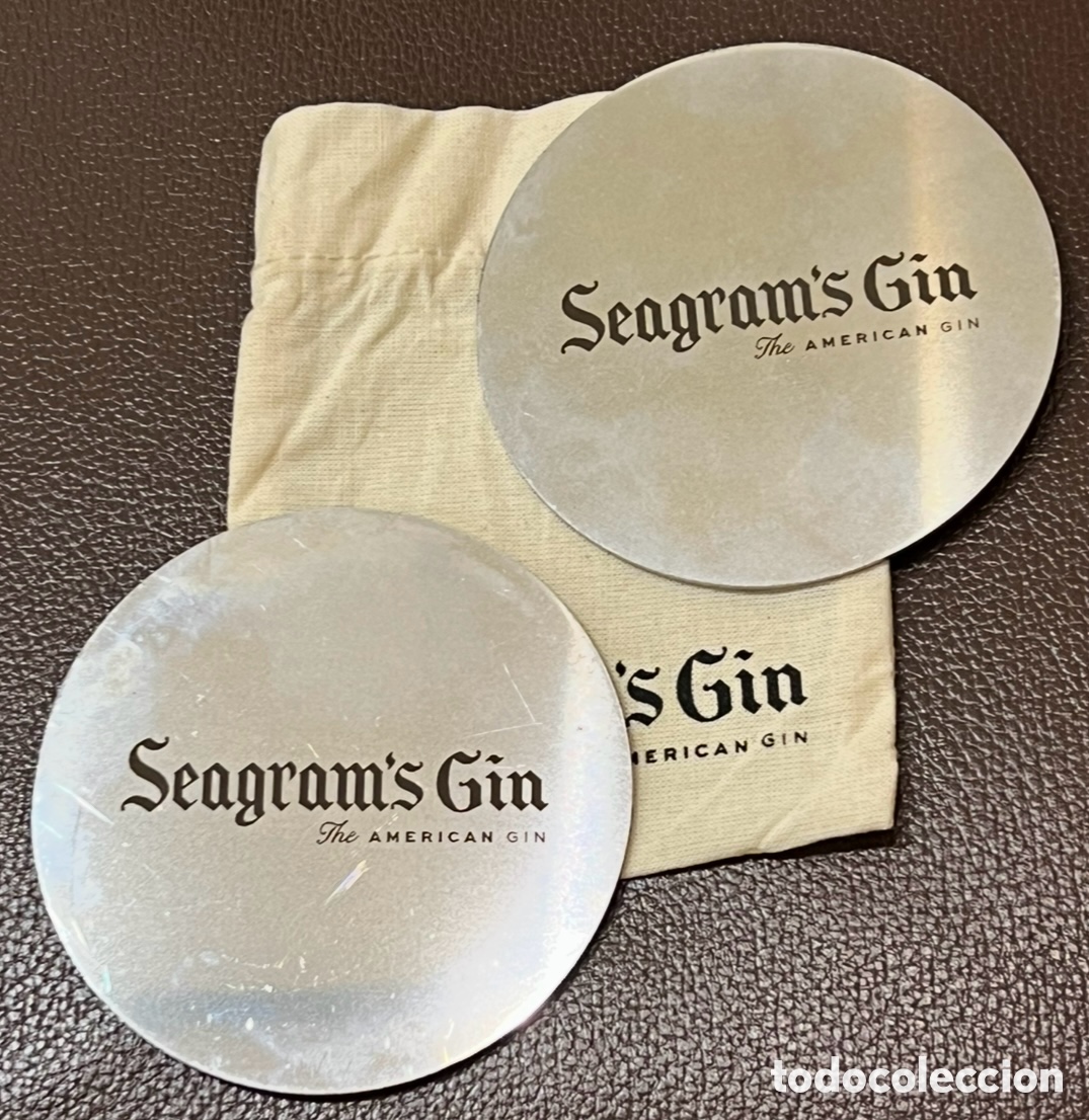 Sammeln: Posavasos (2). Publicidad SEAGRAM&rsquo;s GIN. The American Gin. Con bolsa. Metal. A&ntilde;os 80.
