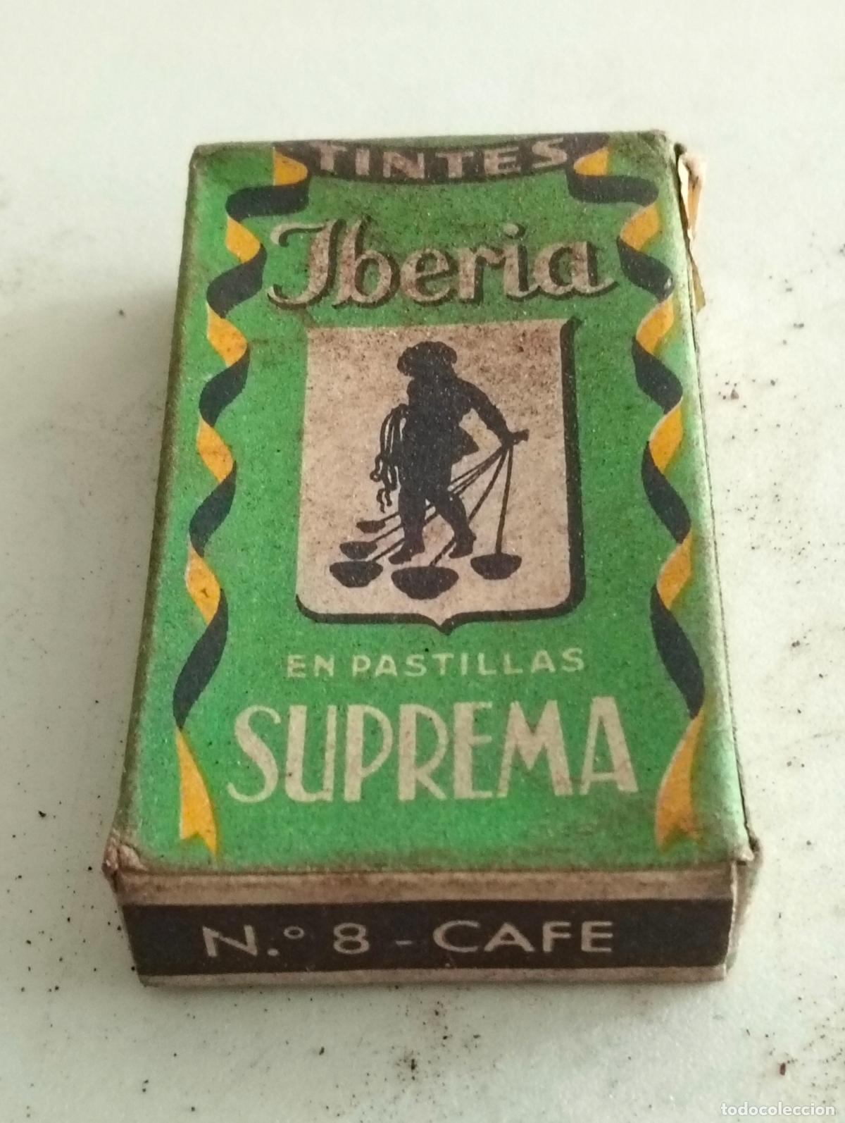 Coleccionismo: ANTIGUA CAJA COMPLETA, TINTES IBERIA EN PASTILLAS SUPREMA, N&ordm; 8 CAFE, MEDIDAS 4,5 X 8 X 1,5 CM