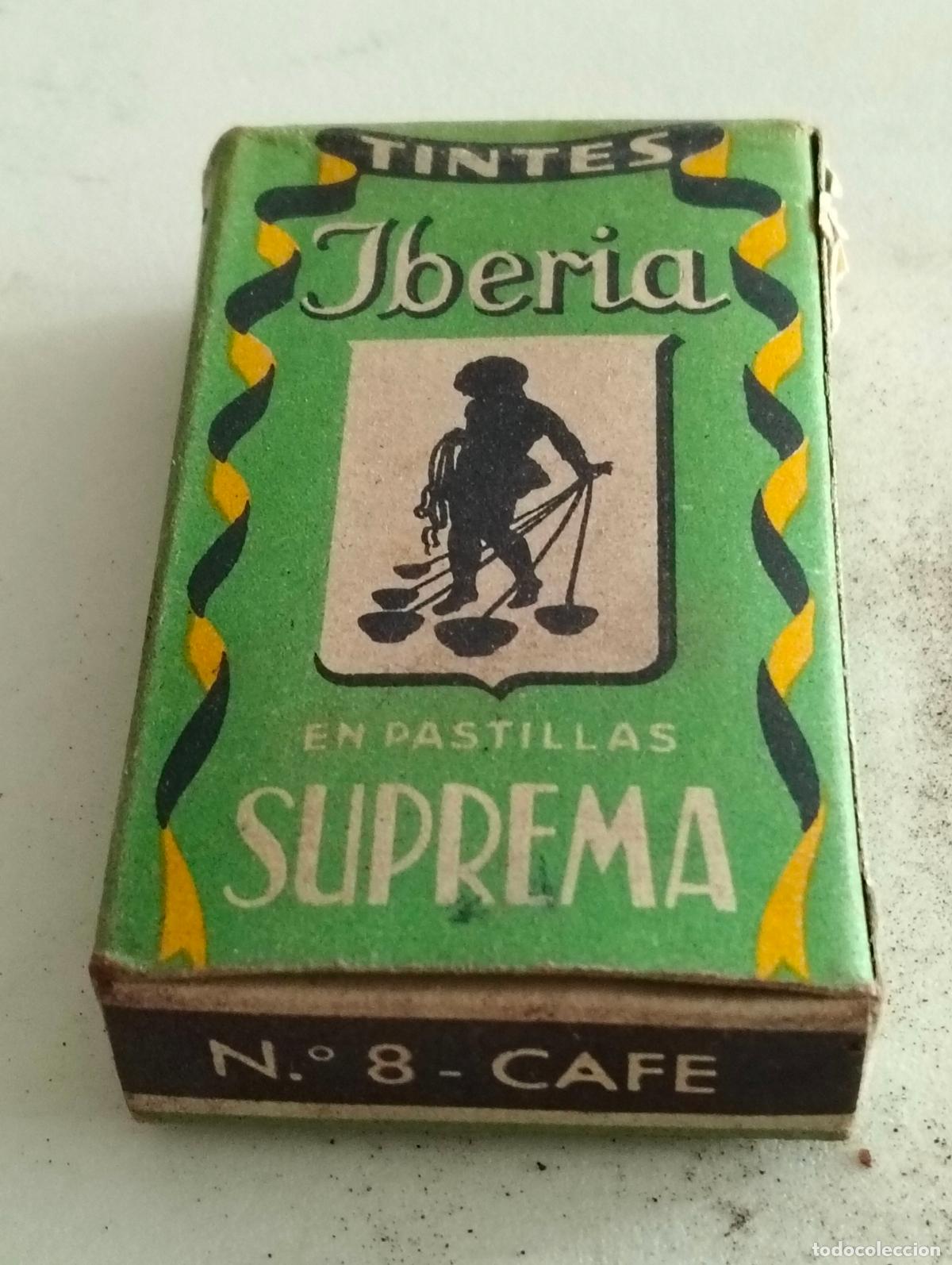 Coleccionismo: ANTIGUA CAJA COMPLETA, TINTES IBERIA EN PASTILLAS SUPREMA, N&ordm; 8 CAFE, MEDIDAS 4,5 X 8 X 1,5 CM