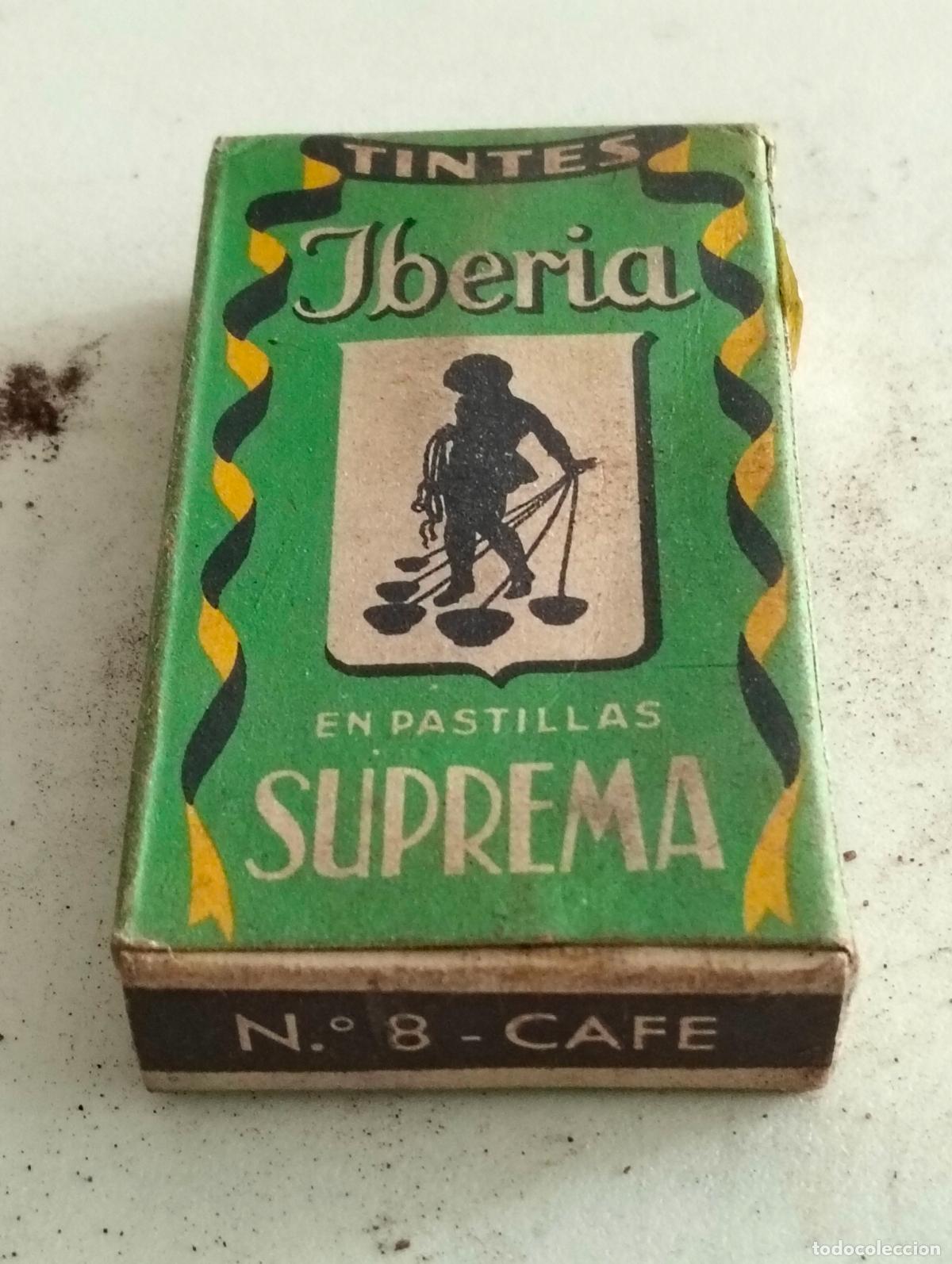 Coleccionismo: ANTIGUA CAJA COMPLETA, TINTES IBERIA EN PASTILLAS SUPREMA, N&ordm; 8 CAFE, MEDIDAS 4,5 X 8 X 1,5 CM