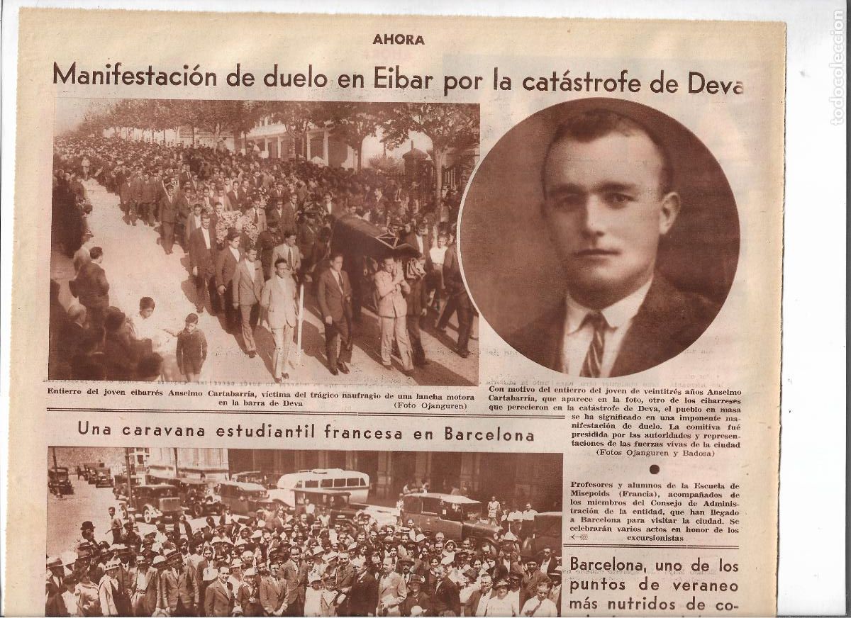 Coleccionismo: A&Ntilde;O 1933 RECORTE PRENSA EIBAR DUELO ENTIERRO DE ANSELMO CARTABARRIA VICTIMA NAUFRAGIO DE DEVA