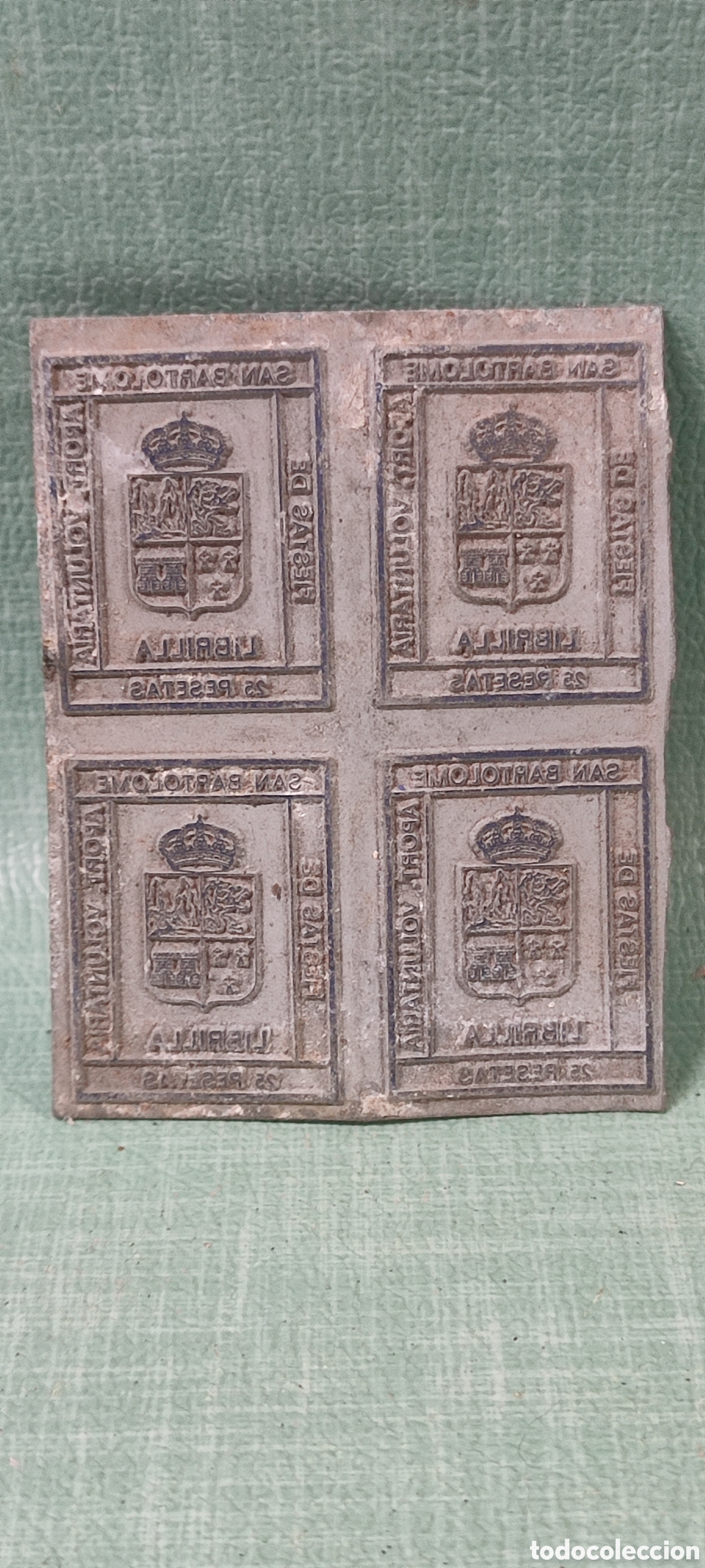 Coleccionismo: Antiguo troquel de 4 sellos estampillas 25 pesetas Librilla San Bartolom&eacute;