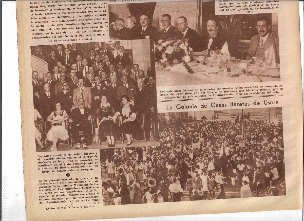 Coleccionismo: A&Ntilde;O 1933 RECORTE PRENSA USERA INAUGURACION DE LA COLONIA MUNICIPAL DE CASAS BARATAS