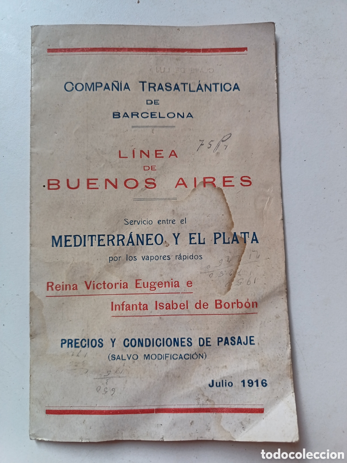 Coleccionismo: Compa&ntilde;ia trasatlantica de Barcelona, Linea de Buenos Aires, Jilio 1916